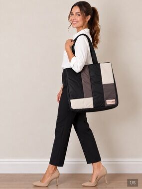 We ar4 Quilted Patchwork Tote Bag in Black, Brown & Cream